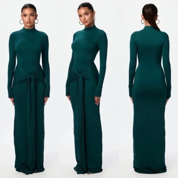 NWT Naked Wardrobe NW TurtleNeck Draped Tie Dress in Deep Teal Green S - Picture 1 of 8